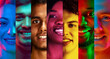© Lustre Art Group  - Vibrant collage of close up smiling faces, illuminated by diverse colors, celebrating gender equality and unity. Concept of youth, diversity, human emotions, human rights, social equality. Ad