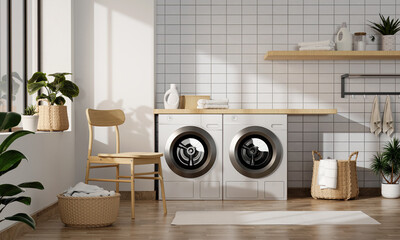 Modern Laundry Room with Washing Machines, Wooden Shelves, and Indoor Plants in Bright Sunlit Space