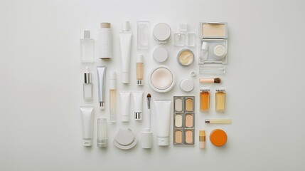 A flat lay of various white and neutral-toned skincare and cosmetic products, arranged neatly on a white background.