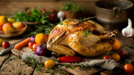 A perfectly roasted chicken garnished with herbs and surrounded by an assortment of vibrant vegetables, served on a rustic wooden table.