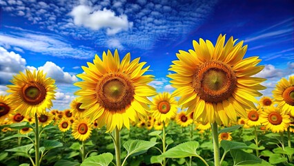 Canvas Print - Vibrant sunflowers against a blue sky backdrop, sunflowers, bright, yellow, petals, garden, summer, nature, harvest, field