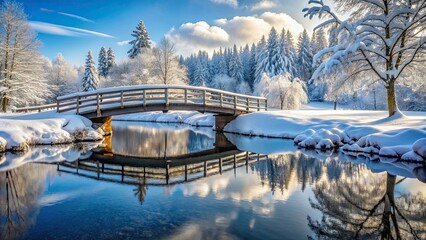 Wall Mural - Snow-covered bridge with tranquil winter scenery, winter, snow, bridge, scenic, cold, white, frosty, frozen, peaceful