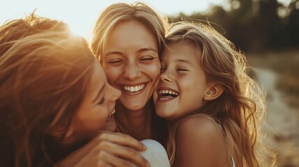 Wall Mural - Happy family hugging and smiling outdoors at sunset