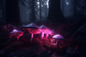 Dark forest and glowing pink mushroom cinematic scene