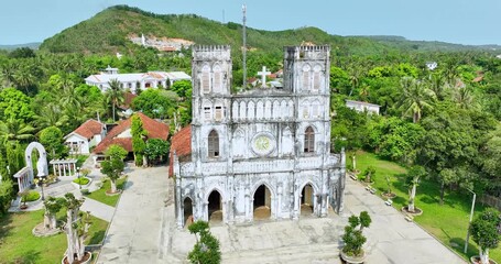 Wall Mural - Aerial view of Mang Lang Church, the oldest church in Phu Yen, Vietnam. The church was built in 1892 in gothic style. The oldest church in Vietnam