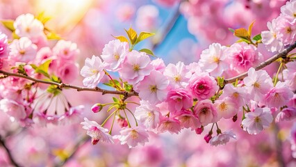 Poster - Soft pink Japanese cherry blossoms blooming in a spring garden , Sakura, flowers, spring, cherry blossom, pink petals, nature