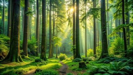 Poster - Lush forest scene with vibrant greenery and tall trees, forest, nature, green, leaves, trees, foliage, wilderness