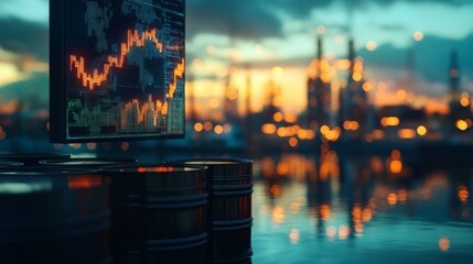 Wall Mural - A stock chart going up with oil barrels and an industrial area in the background