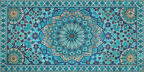 Poster - Turquoise mosaic oriental background with intricate Arabic patterns, Turquoise, mosaic, oriental, Arabic, background