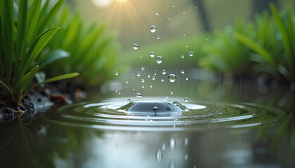 Water droplets creating ripples on a pond's surface, close-up, soft natural light, green grass surrounding