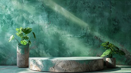 An empty product podium made of stone against a seamless green background