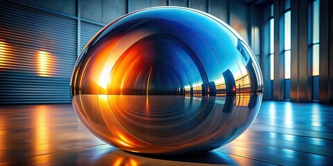 Large metallic object with blue and orange hues, metallic, object, blue, orange, shiny, reflective, futuristic, industrial