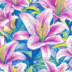 Wall Mural - Lilly Pulitzer print, lilies in pink and yellow on a blue background