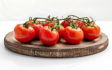 Wall Mural - Board and plate of tasty Tomatoes with on white background.