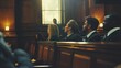 © VK Studio - A group of serious-looking people in formal attire seated in a courtroom, attentively listening to proceedings with a historic aesthetic.