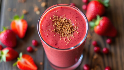 A vibrant spiced smoothie made with fresh strawberries and goji berries, served in a glass. The rich red color and creamy texture are highlighted, with a sprinkle of spices on top.