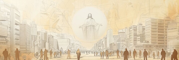 Sticker - Jesus' Ethereal Presence in Modern Cityscape - Biblical Illustration for Spiritual Themes