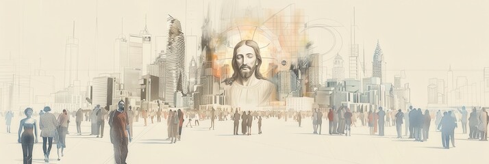 Wall Mural - Jesus' Ethereal Presence in Modern Cityscape - Biblical Illustration for Spiritual Themes