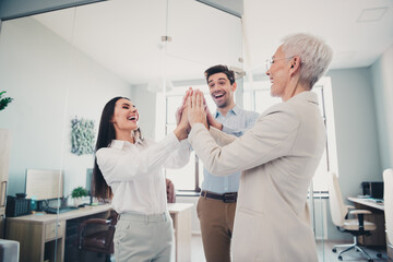 Canvas Print - Photo of business people doing high five gesture teambuilding in workplace