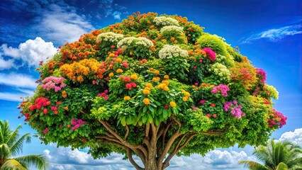 Poster - Tropical tree covered in lush green leaves with colorful flowers blooming at the top , flora, foliage, nature, tropical