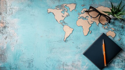 An aesthetic flat lay of a world map with glasses, a notebook, and a pen, perfect for travel planning and inspiration.