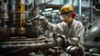 © VK Studio - An industrial worker in protective gear operates machinery in a factory, symbolizing precision, labor, and industrial advancement.