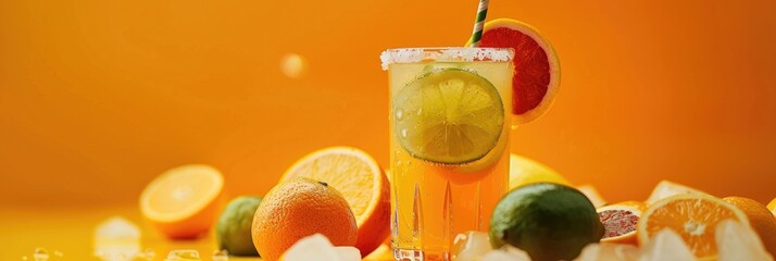 Poster - Refreshing fruit cocktail in a glass with straws, featuring oranges, lemons, and limes on an orange background.