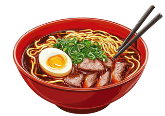 Bowl of Japanese ramen with pork and egg isolated on white background