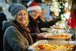 © Patrick - Senior woman volunteering at a community kitchen during the holiday season, serving food with a smile