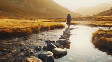 A lone hiker traverses a stone path across a tranquil stream, surrounded by golden fields and mountains in the gentle light of dawn.