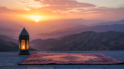 Sticker - Peaceful prayer rug bathed in the glow of a traditional lantern, with a mountain sunrise in the backdrop