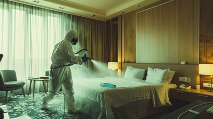 A person in protective gear sanitizing a hotel room with a spray, highlighting cleanliness, safety, and meticulous attention to detail in maintaining hygiene in public spaces.