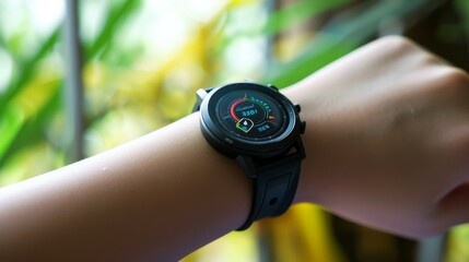 A smartwatch displaying a vibrant activity tracking screen on a wrist, set against a background of blurred green foliage.