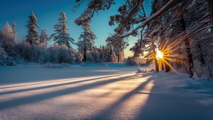 Wall Mural - A sun shining through the trees on a snowy path, AI