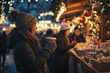 © Patrick - Woman sipping hot coffee while shopping at a festive Christmas market, enjoying the holiday atmosphere at night