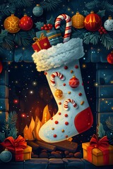 Whimsical Christmas stocking filled with gifts and candy canes hanging by the fireplace, perfect for holiday decoration and children's Christmas illustration.