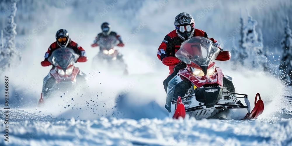 High-energy shot of snowmobiles racing across a snowy landscape, with ...