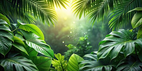 Poster - Lush tropical jungle foliage glistening with dew drops , tropical, jungle, foliage, green, lush, vibrant, rainforest, nature