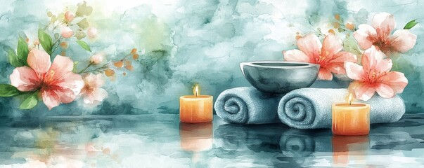 A serene spa scene featuring rolled towels, candles, and blooming flowers, ideal for relaxation and wellness themes.