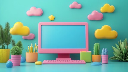 Fototapete - Pink computer with colorful clouds.
