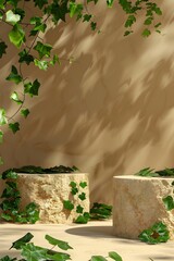 Wall Mural - Stone podium with ivy on a beige background, a mockup for product presentation