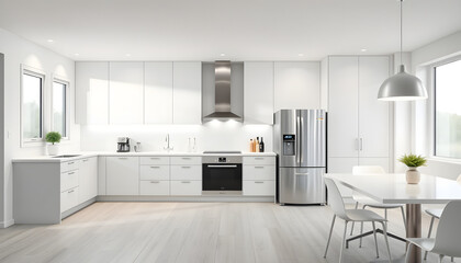 Wall Mural - Interior of light kitchen with stylish fridge, white counter and dining table isolated with white highlights, png