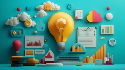 Poster - 3D Illustration of a lightbulb surrounded by charts, graphs and other business icons.