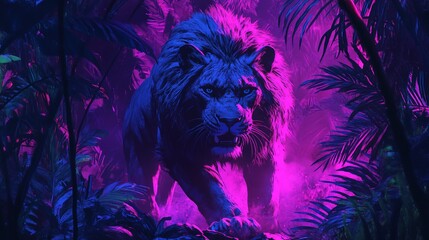 Neon Jungle Stalker: Manticore Prowling Through Electric Wilderness, Mythical Menace in Technicolor Thrills