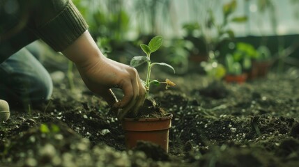 Wall Mural - A hand carefully planting a small seedling into soil in a lush green garden.