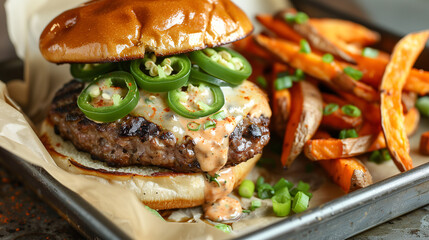 a gourmet burger topped with spicy pepper jack cheese, jalapeños, and chipotle mayo, served with a side of sweet potato fries on a metal tray lined with parchment paper