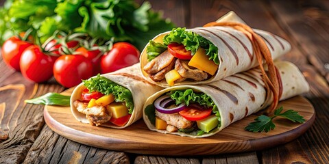 Canvas Print - Delicious shawarma and grilled vegetables with chicken, wrapped in lavash and served with fresh greens and tomatoes