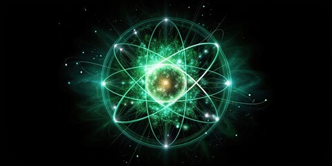 Poster - Glowing atom surrounded by swirling energy particles in cosmic theme on black background, atom, glowing, energy, particles