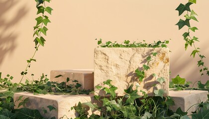 Wall Mural - Stone podium with ivy on a beige background, a mockup for product presentation