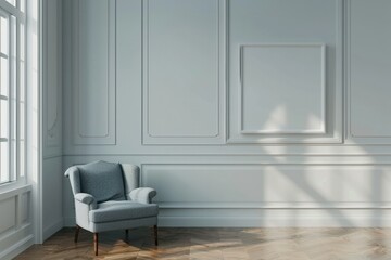 Wall Mural - Living Room Render. Bright Interior Design with Armchair and Copy Space Against White Wall